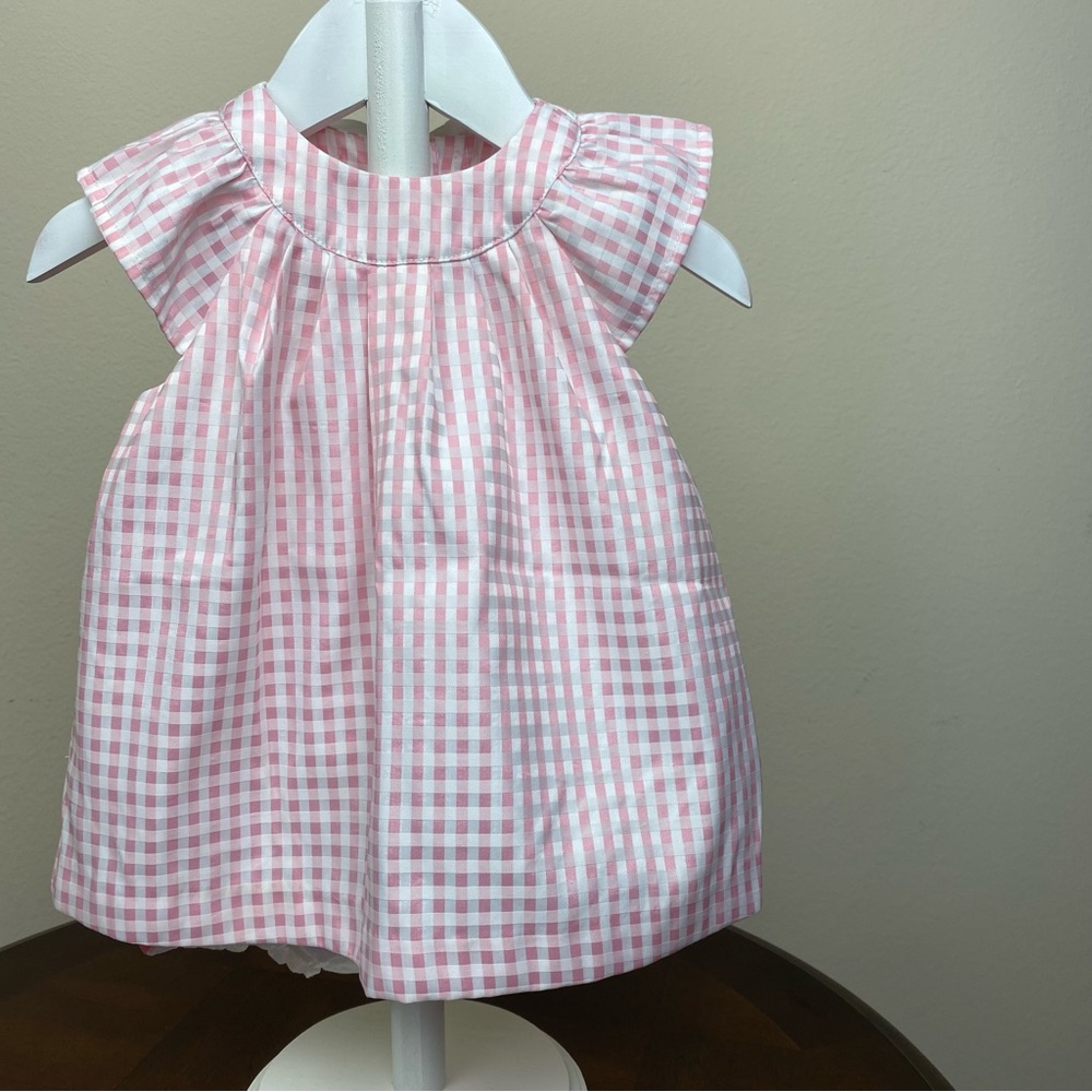 Janie And Jack Flutter Sleeve Pink White Gingham Bow Romper Dress 12-18 Months